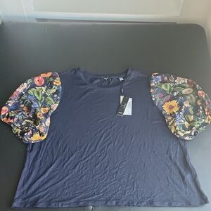 T Tahari Navy Top with Floral Puff Sleeves